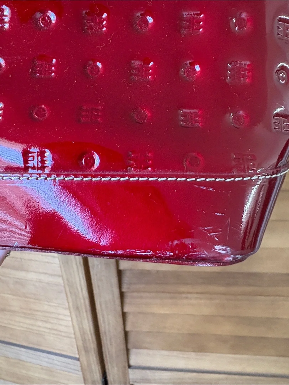 Arcadia Red Patent Satchel with Embossed Dot Pattern